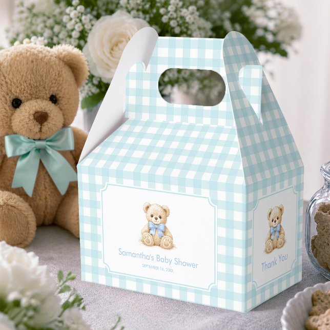 Teddybjörn och blå gingham-kontroll baby shower fö presentaskar (Skapare uppladdad)