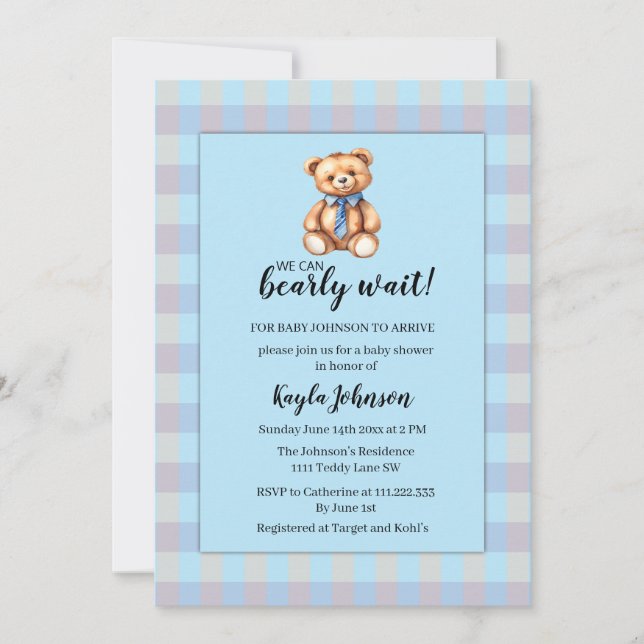 Teddybjörn och blå gingham-rutig baby shower inbjudningar (Framsida)