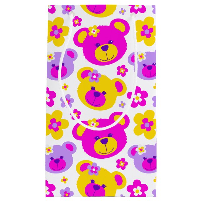 Teddybjörn och blommor rosa gul vit presentpåse (Framsidan)