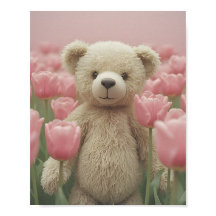 Teddybjörn och rosa tulpan Sängkammaraffisch