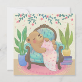Teddybjörn på illustration av gammaldags fåtölj tack kort
