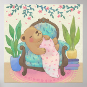 Teddybjörn på vintage-fåtöljillustration poster