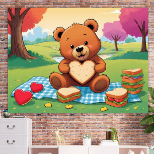 Teddybjörn Picknick Hjärt Sandwich Väggkonstaffisc Poster