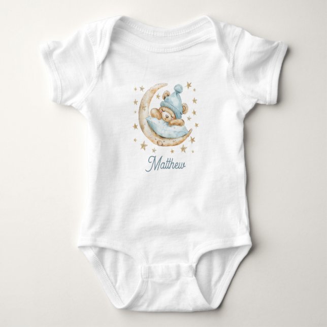 Teddybjörn Pojke Baby Måne Stjärnor Namn Blå T Shirt (Framsida)