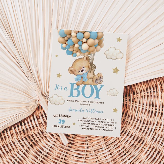 Teddybjörn Pojke Blå Ballong Baby Shower Inbjudningar (Skapare uppladdad)