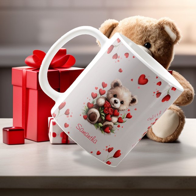 Teddybjörn röda hjärtan rosor Alla hjärtans dag Kaffemugg (Skapare uppladdad)