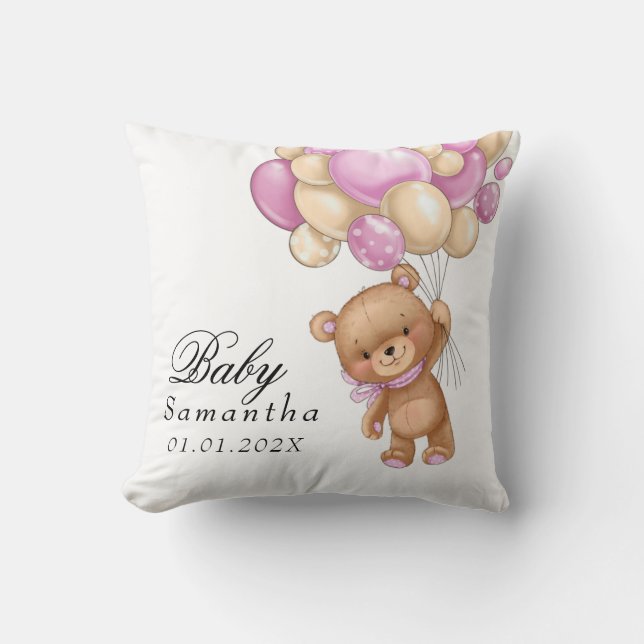 Teddybjörn Rosa Ballong Baby Shower  Kuddlock Kudde (Framsida)