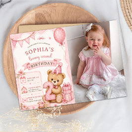Teddybjörn, rosa ballonger, andra födelsedagsfoto inbjudningar