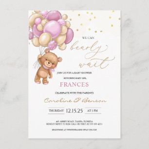 Teddybjörn Rosa Ballonger Baby Shower Inbjudan