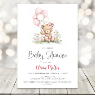Teddybjörn Rosa ballonger Baby Shower-inbjudan Inbjudningar