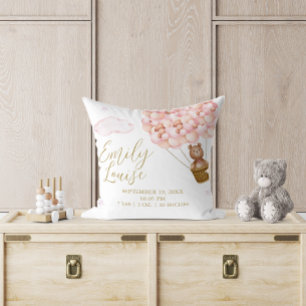 Teddybjörn Rosa ballonger Babyflicka Födelsestatis Kudde