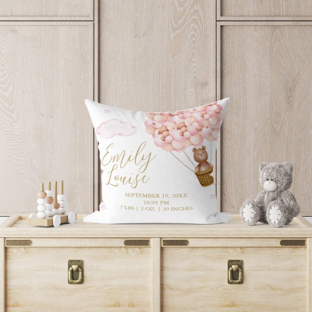 Teddybjörn Rosa ballonger Babyflicka Födelsestatis Kudde (Teddy Bear Pink Balloons Baby Girl Birth Stats Throw Pillow)