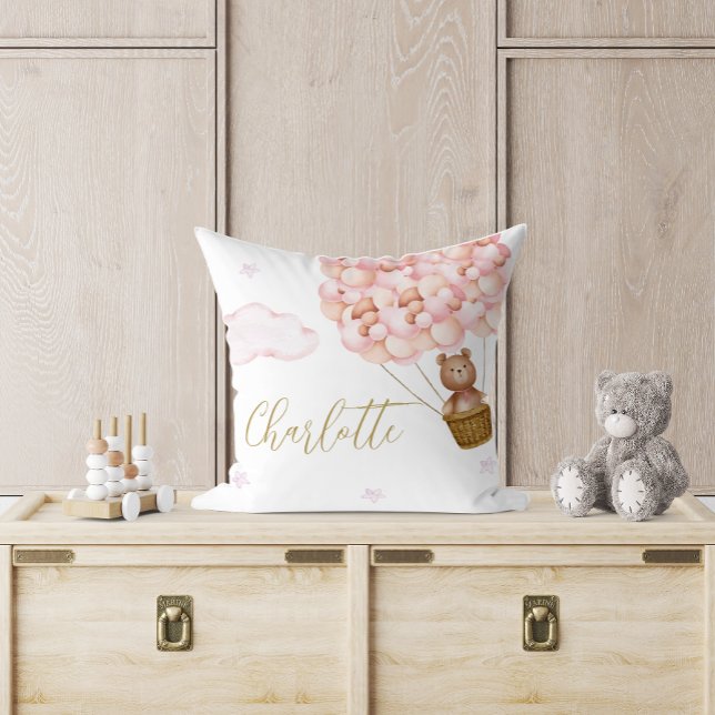 Teddybjörn Rosa Ballonger Barnkammare Kudde (Teddy Bear Pink Balloons Baby Nursery Throw Pillow)