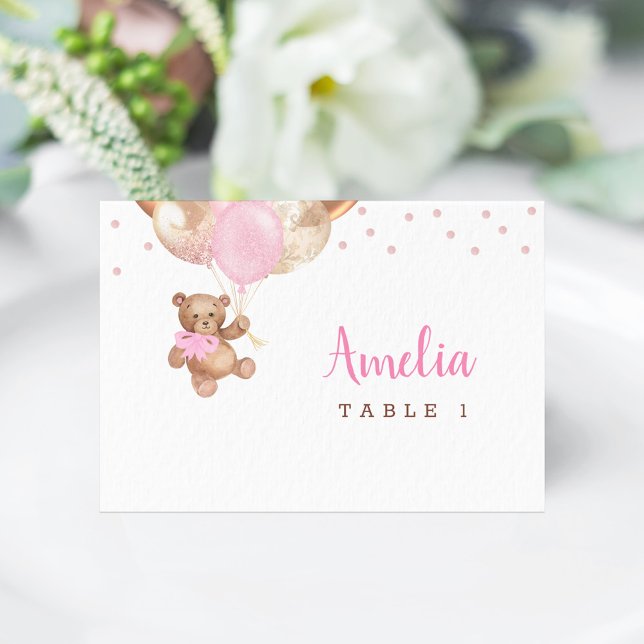 Teddybjörn Rosa Ballonger Bebisens Första Dagkort Bordsnummer (Teddy Bear Rose Gold Balloons Baby Shower Place Card)