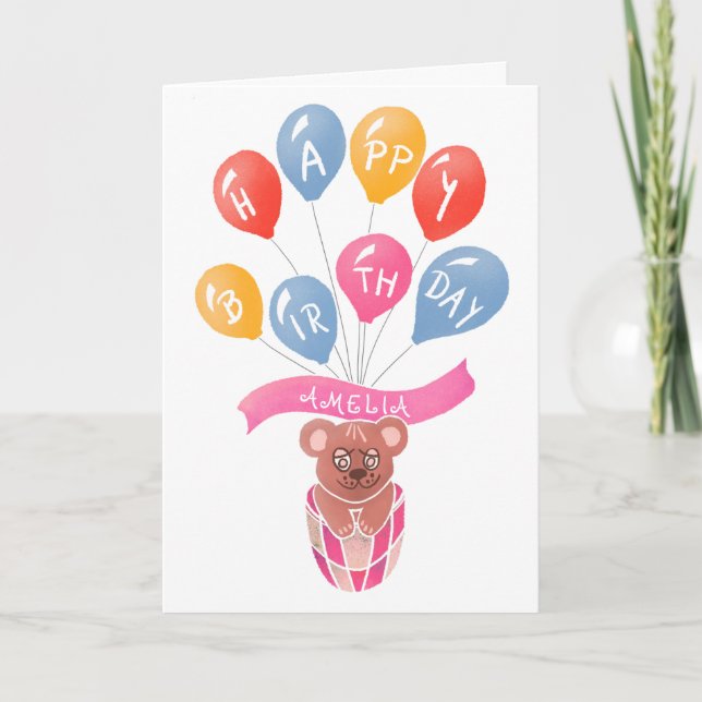 Teddybjörn Rosa Ballonger Flicka Lycka Till Födels Kort (Framsida)