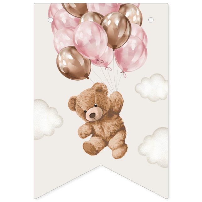 Teddybjörn, rosa ballonger, första födelsedagen vimplar (Första flaggan)
