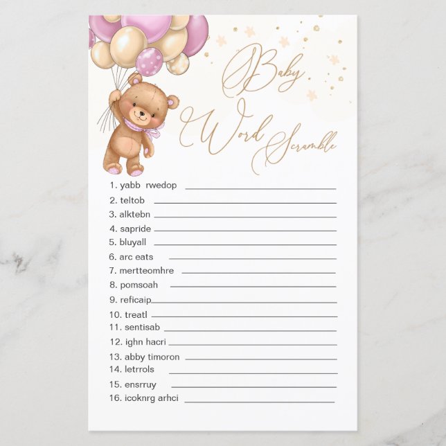 Teddybjörn Rosa Ballonger Ord Omskrivningsspel (Framsida)