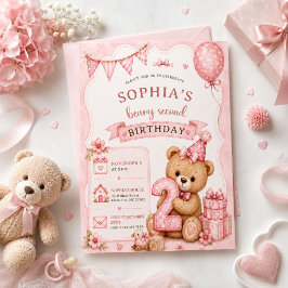 Teddybjörn, rosa ballonger, tvåårsdag inbjudningar