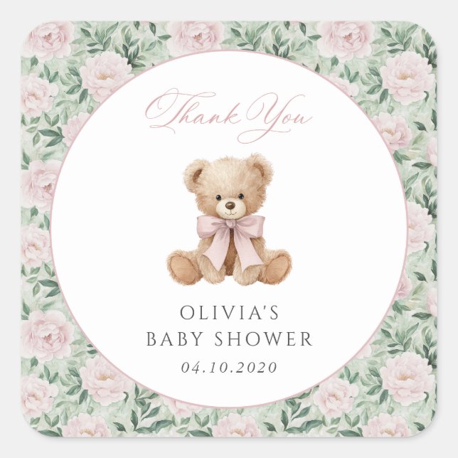 Teddybjörn, rosa band, rosa blommor, baby shower fyrkantigt klistermärke (Framsida)