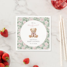 Teddybjörn, rosa band, rosa blommor, baby shower