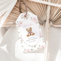 Teddybjörn, rosa band, rosa blommor, baby shower