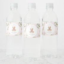Teddybjörn, rosa band, rosa blommor, baby shower