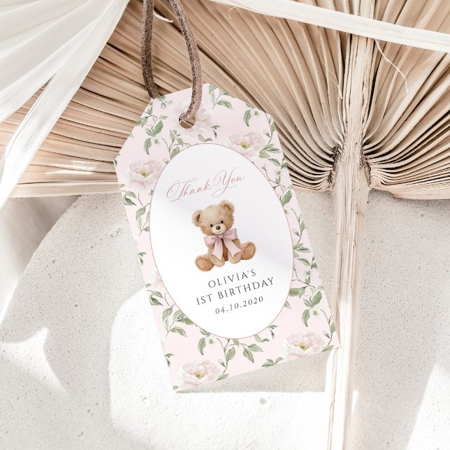 Teddybjörn, Rosa Band, Rosa Blommor, Första Födels Presentetikett (Skapare uppladdad)
