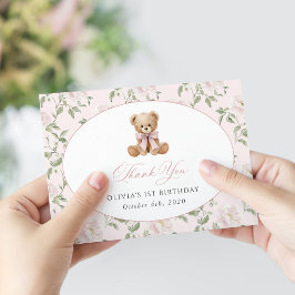 Teddybjörn, Rosa Band, Rosa Blommor, Första Födels Tack Kort