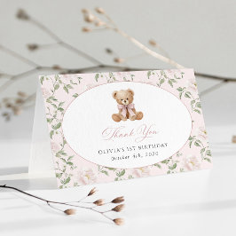 Teddybjörn, Rosa Band, Rosa Blommor, Första Födels Tack Kort