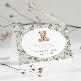 Teddybjörn, Rosa Band, Rosa Blommor, Första Födels Tack Kort