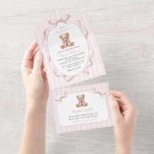 Teddybjörn, rosa band, rosa ränder, baby shower