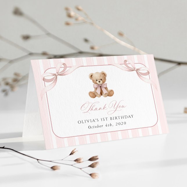 Teddybjörn, Rosa Band, Rosa Ränder, Första Födelse Tack Kort (Skapare uppladdad)