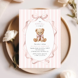 Teddybjörn, rosa bandana, rosa ränder, första föde inbjudningar