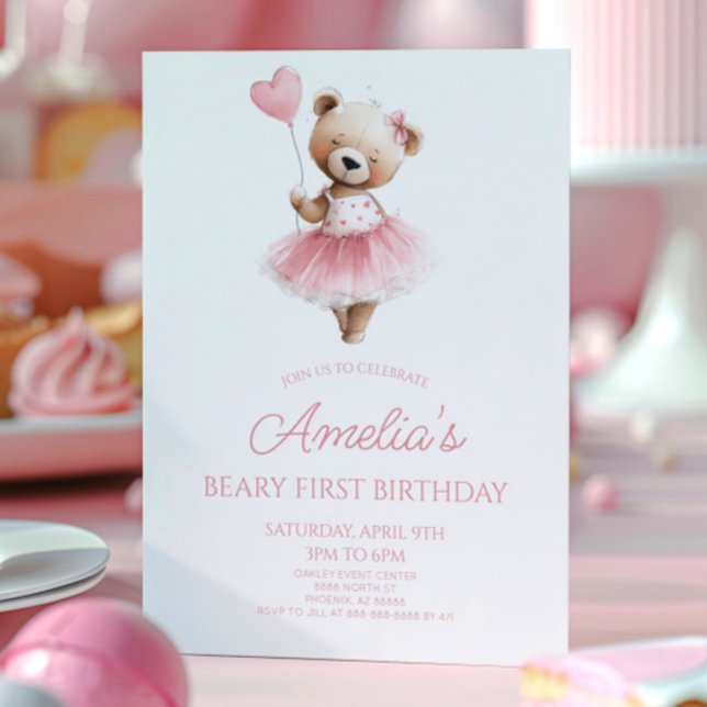 Teddybjörn Rosa Beary Första 1:a Födelsedagsfest Inbjudningar (Skapare uppladdad)
