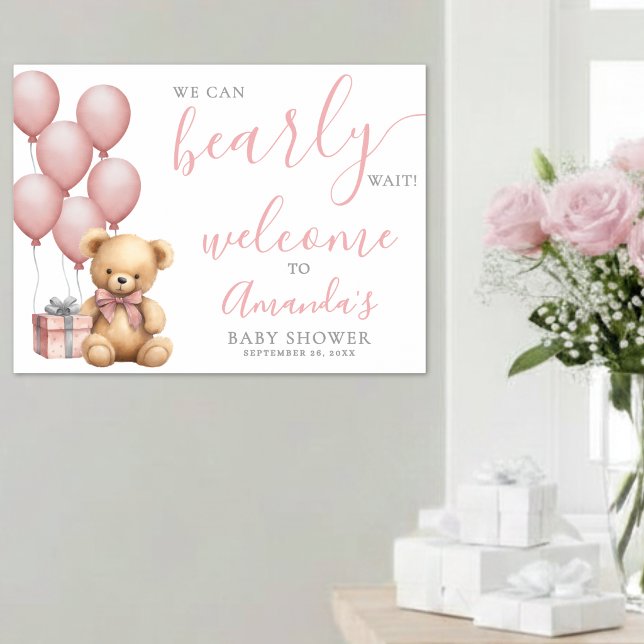 Teddybjörn Rosa Bebis firande Välkommen Poster (Teddy Bear Pink Baby Shower Welcome Poster )