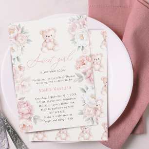 Teddybjörn Rosa Blommor Flickbabyfirande Inbjudningar