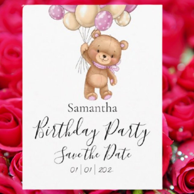 Teddybjörn Rosa Födelsedagsfest Spara datumet Vykort (Announce your special day with a charming Teddy Bear Pink Birthday Party Save the Date postcard. )