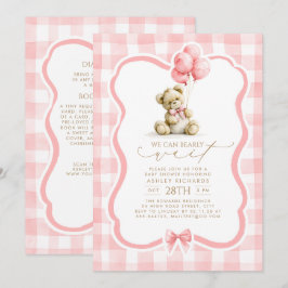 Teddybjörn Rosa Gingham Baby Shower Inbjudningar
