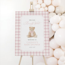 Teddybjörn Rosa Gingham Baby Shower Välkomstskylt