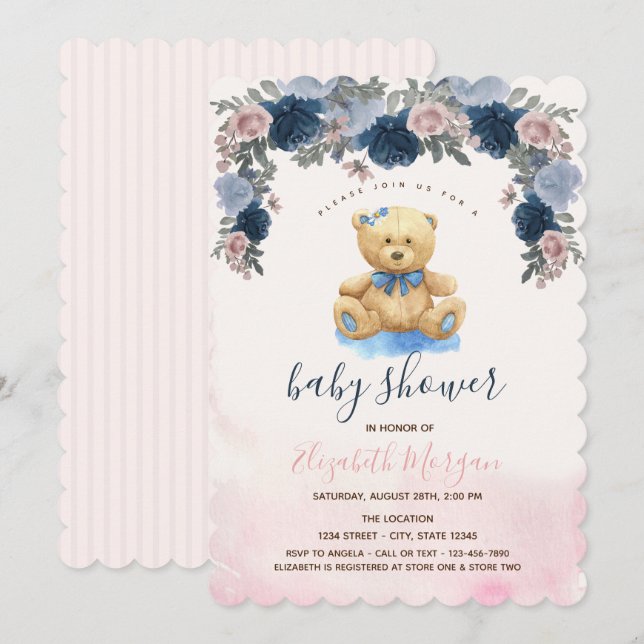 Teddybjörn Rosa Ränder Baby Shower   Inbjudningar (Fram/baksida)