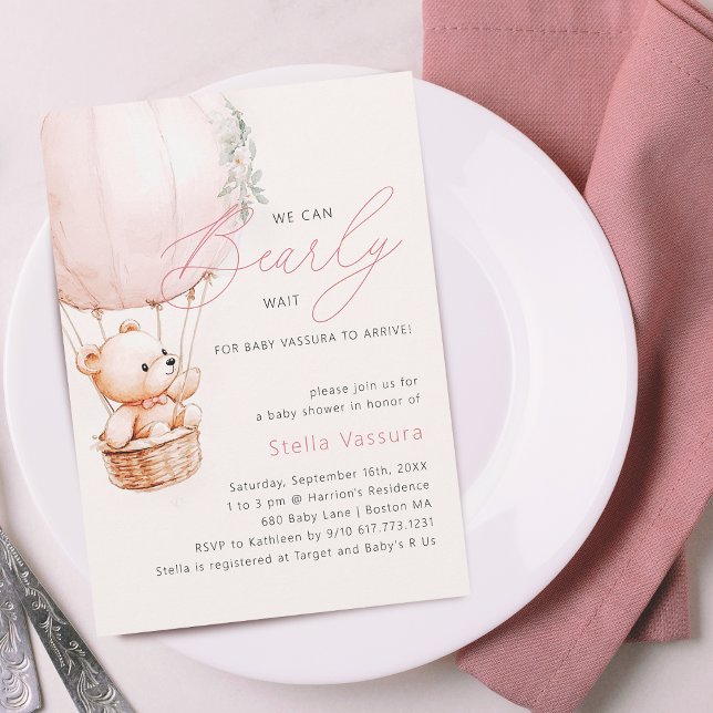 Teddybjörn Rosa Varm luftballong Flicka Bebis fira Inbjudningar (Teddy Bear Pink Hot Air Balloon Girl Baby Shower Invitation)
