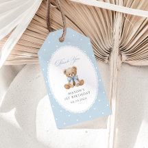 Teddybjörn, rosett, blå prickar, Första födelsedag