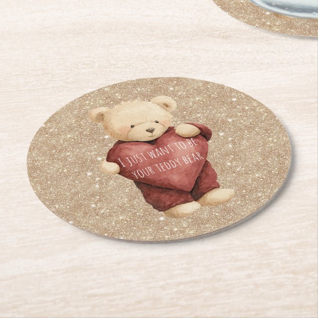 Teddybjörn Rött Hjärta Guld Glitter Underlägg Papper Rund (Vinklad)