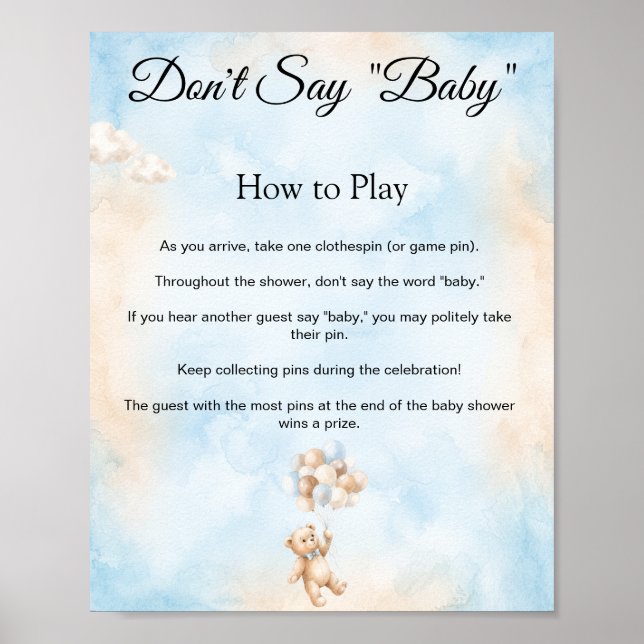 Teddybjörn Säga Inte Baby Shower Spelskylt Poster (Framsidan)