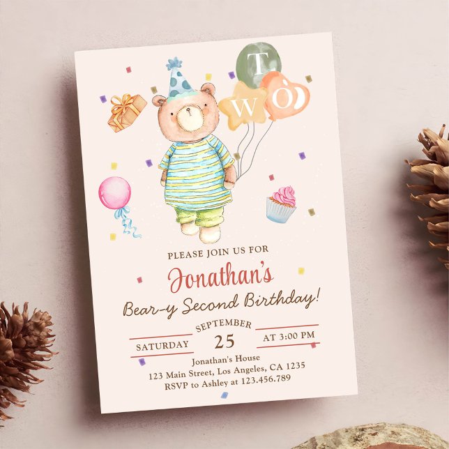 Teddybjörn Sagegrön Beary Andra födelsedag Inbjudningar (Skapare uppladdad)
