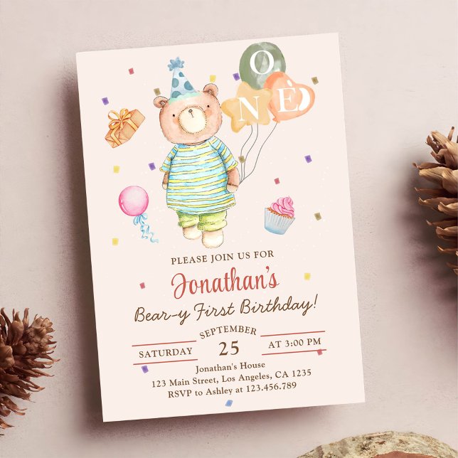 Teddybjörn Sagegrön Beary Första Födelsedag Inbjudningar (Skapare uppladdad)