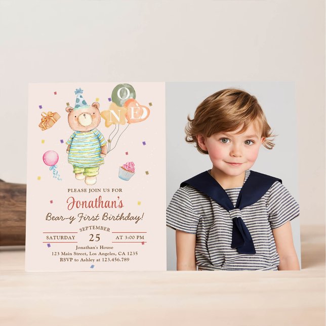 Teddybjörn Sagegrön Beary Första Födelsedag Inbjudningar (Skapare uppladdad)