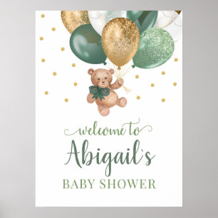 Teddybjörn Sagegrön Välkommen Baby Shower Poster