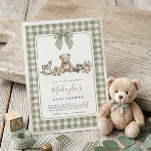 Teddybjörn Sagogrön Rutig Ros Babyshower Inbjudningar