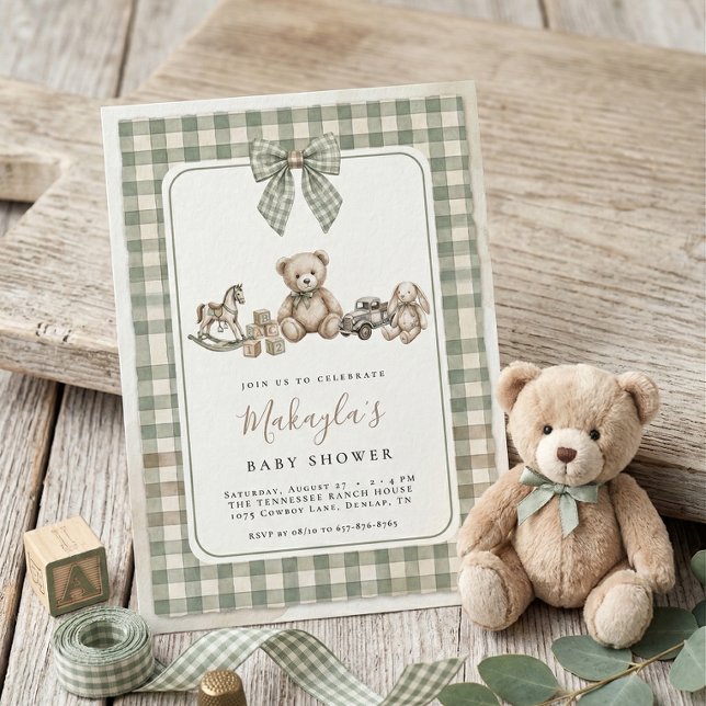 Teddybjörn Sagogrön Rutig Ros Babyshower Inbjudningar (Skapare uppladdad)